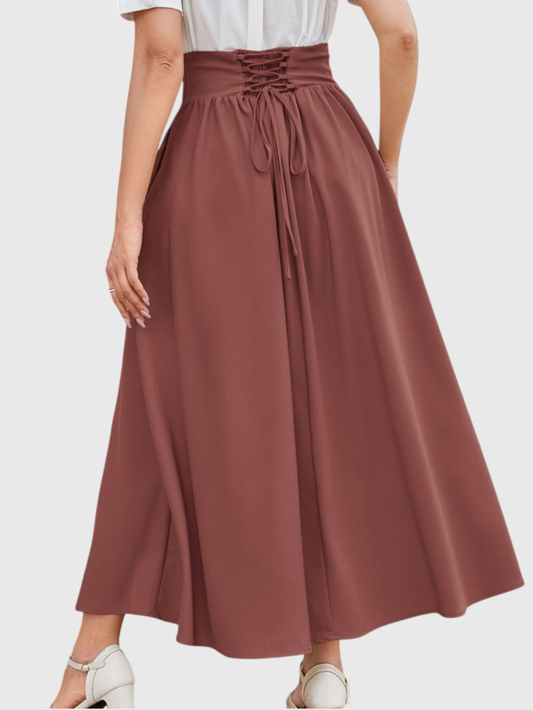 Red-Brown Vintage High Waist Swing Maxi Skirt
