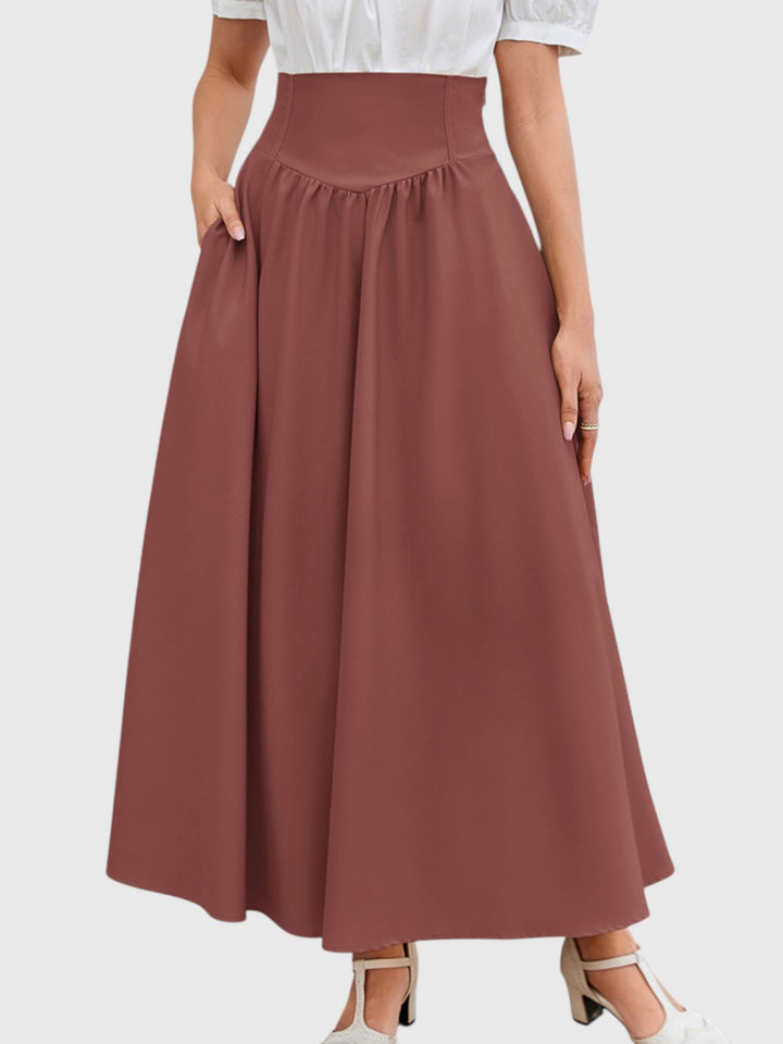 Red-Brown Vintage High Waist Swing Maxi Skirt
