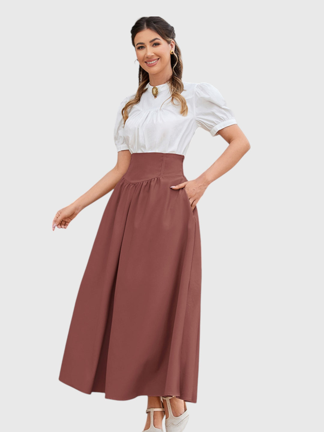 Red-Brown Vintage High Waist Swing Maxi Skirt