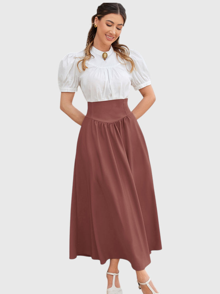Red-Brown Vintage High Waist Swing Maxi Skirt