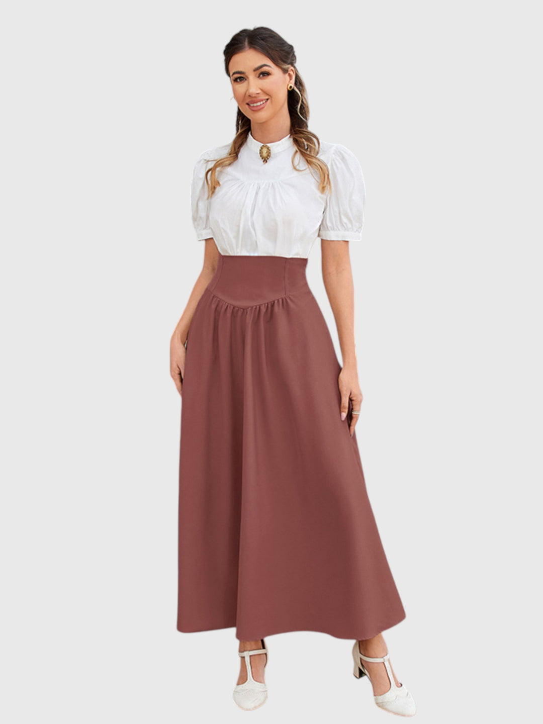 Red-Brown Vintage High Waist Swing Maxi Skirt