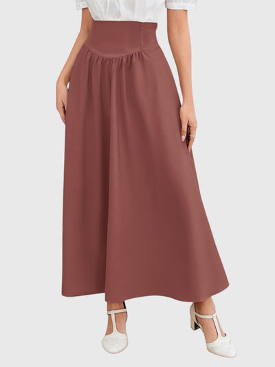 Red-Brown Vintage High Waist Swing Maxi Skirt
