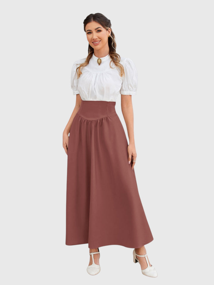 Red-Brown Vintage High Waist Swing Maxi Skirt