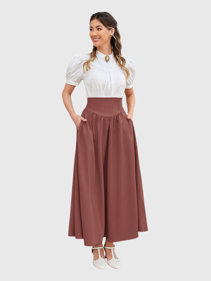 Red-Brown Vintage High Waist Swing Maxi Skirt
