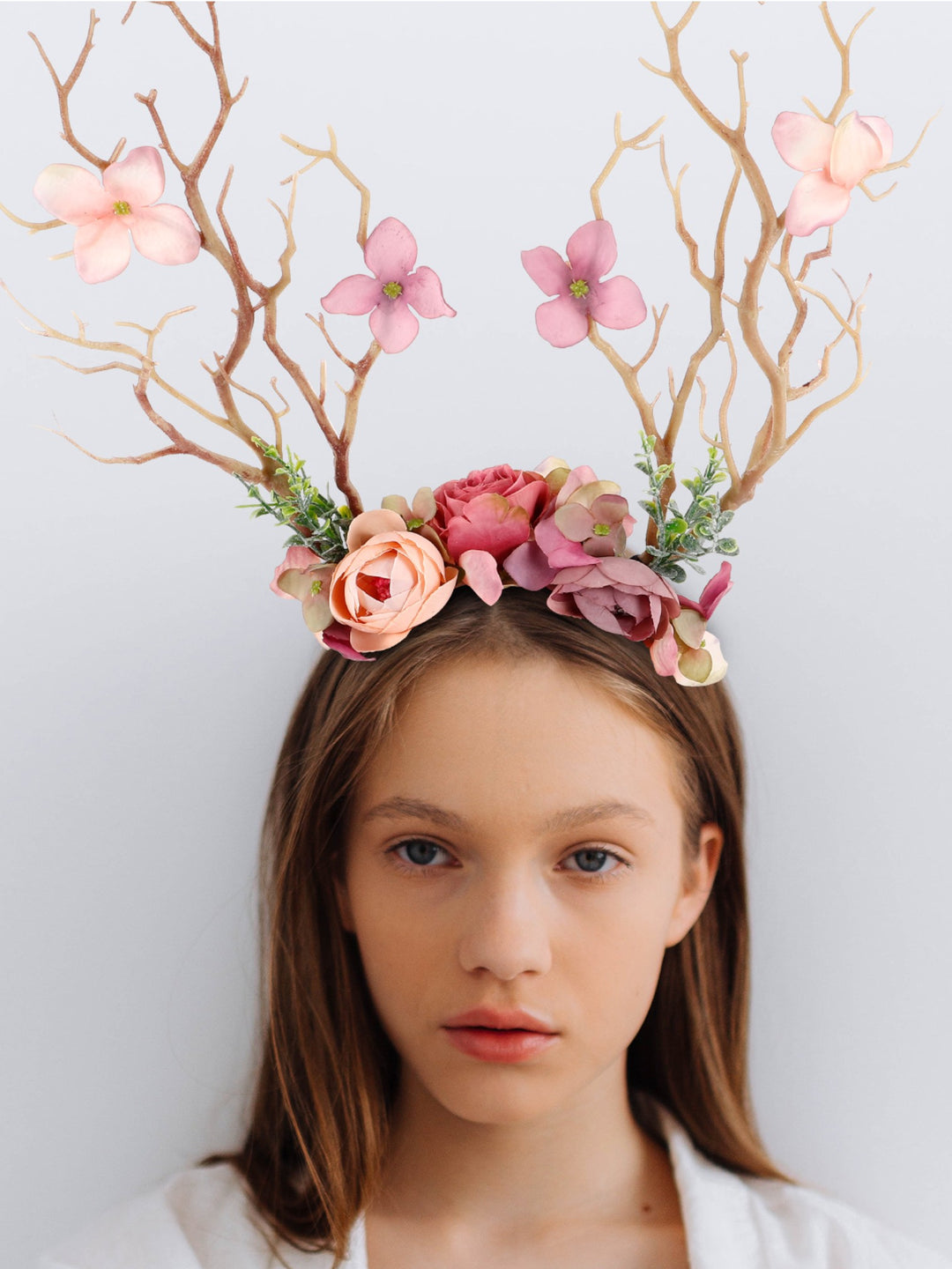 Floral Antler Headband With Branches & Flowers