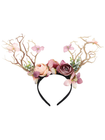 Floral Antler Headband With Branches & Flowers
