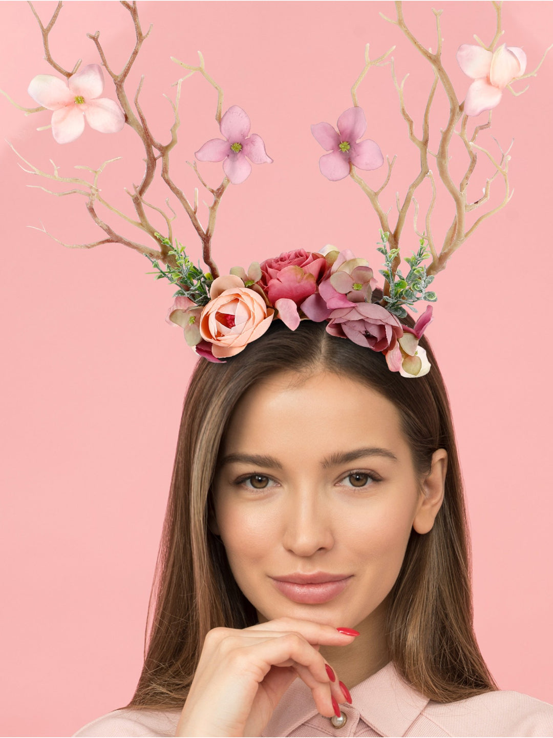 Floral Antler Headband With Branches & Flowers
