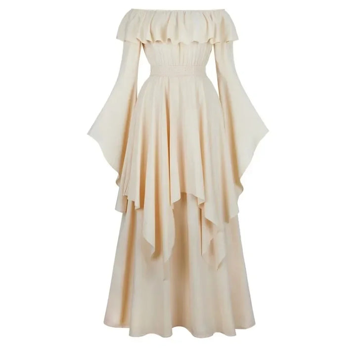 Vintage Bell Sleeve Medieval Off Shoulder Elastic High Waist Smocked Renaissance Dress For Women Halloween Cosplay Costume