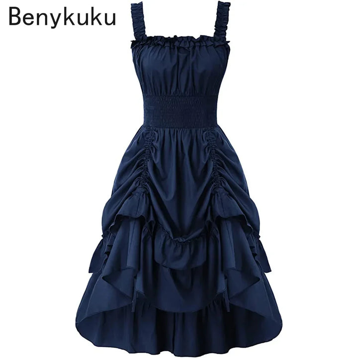 Medieval Renaissance Vintage Long Dress Smocked Waist Victorian Sleeveless Strap Halloween Steampunk Gothic Cothes Cosplay Dress