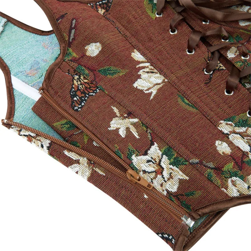 Retro Renaissance Women Clothing Going Out Cropped Top Lace Up Boned Floral Print Vest Tank Women Corset Plus Size