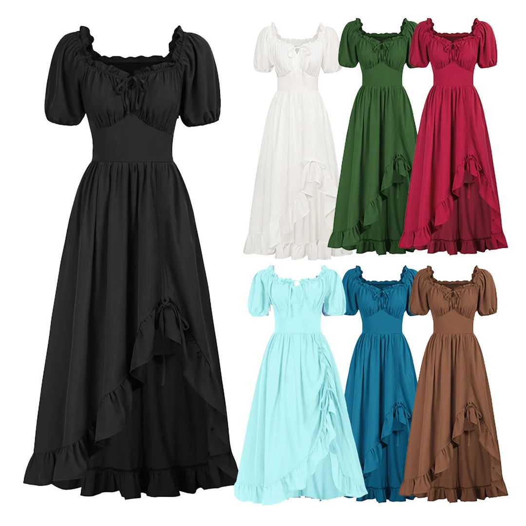 Women Elgant Party Dresses A Line Short Sleeve Square Neck Long Dresses Reteo Ruffle Drawstring Tunic Dress Medieval Costumes
