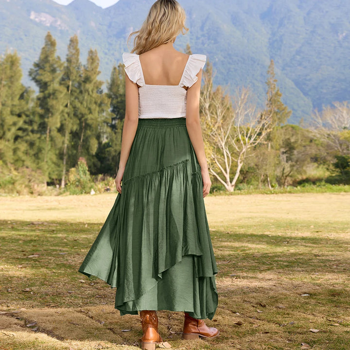 SD Women Renaissance Overlay Decorated Skirt Drawstring Waist Swing Skirt With Open Side Seam Pockets