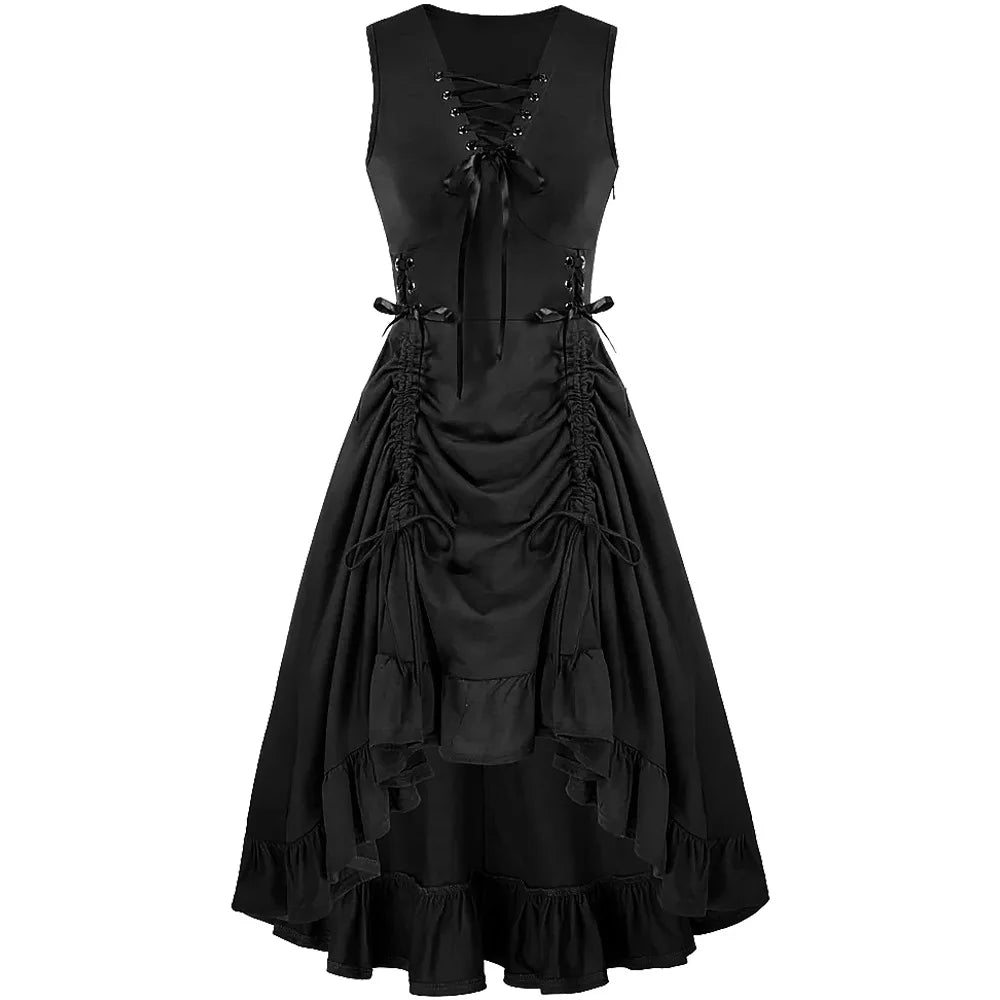Womens Renaissance Steampunk Dress Lace Up High Low Dress Pirate Costume for Halloween Party