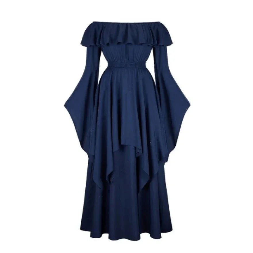 Vintage Bell Sleeve Medieval Off Shoulder Elastic High Waist Smocked Renaissance Dress For Women Halloween Cosplay Costume