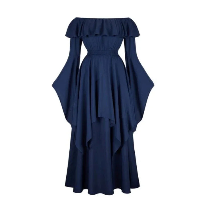 Vintage Bell Sleeve Medieval Off Shoulder Elastic High Waist Smocked Renaissance Dress For Women Halloween Cosplay Costume