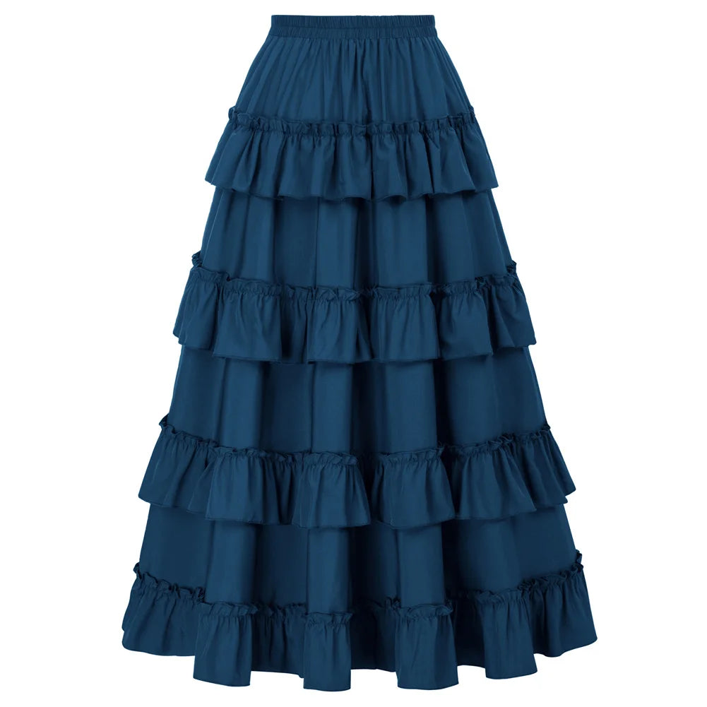 Women Skirts Vintage Renaissance Length Adjustable Skirt Elastic-Waist Ruffled Maxi Skirt Steampunk Gothic Halloween Costume
