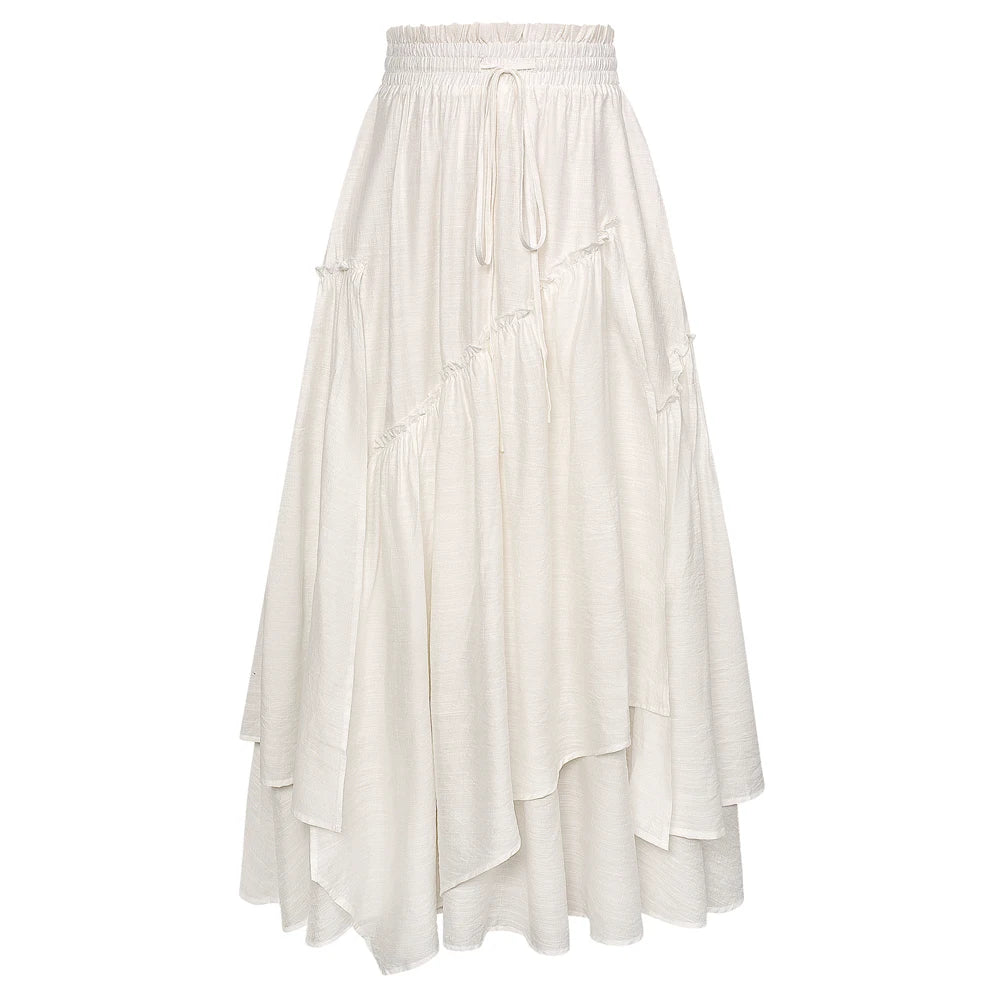 SD Women Renaissance Overlay Decorated Skirt Drawstring Waist Swing Skirt With Open Side Seam Pockets