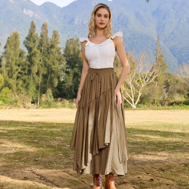 SD Women Renaissance Overlay Decorated Skirt Drawstring Waist Swing Skirt With Open Side Seam Pockets