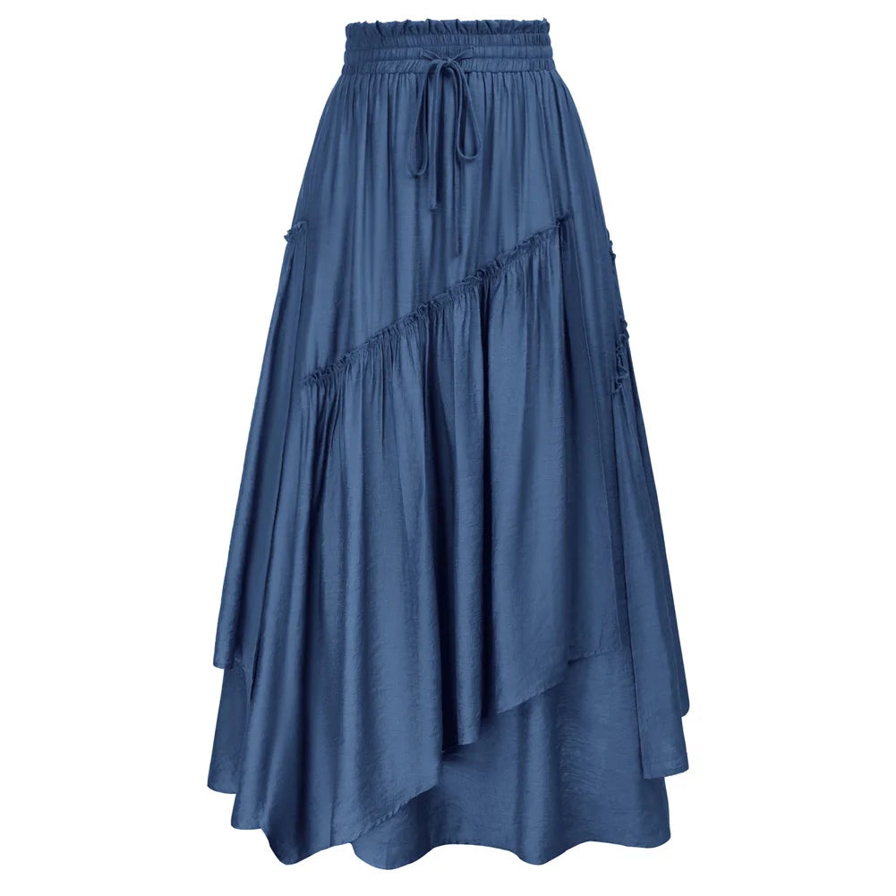 SD Women Renaissance Overlay Decorated Skirt Drawstring Waist Swing Skirt With Open Side Seam Pockets