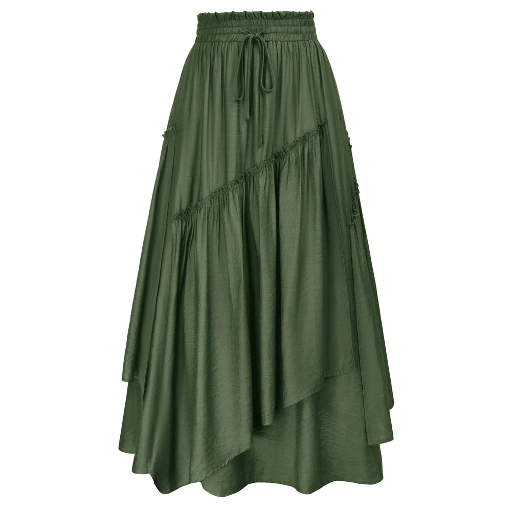 SD Women Renaissance Overlay Decorated Skirt Drawstring Waist Swing Skirt With Open Side Seam Pockets