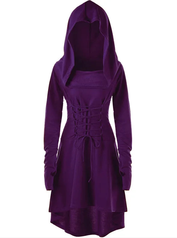 Medieval Women Archer Costume Long Sleeve Hooded Pixie Cosplay Dress Renaissance Femal Hunter Larp Robe Bandage Plus size s-4XL
