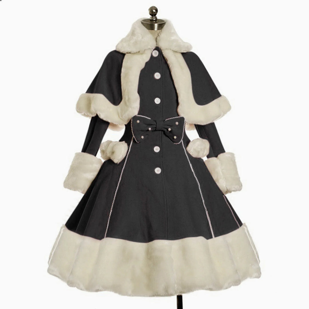 Vintage Gothic Lolita Dress Suit Women Fur Collar Long Sleeves Shawl Cute Single-breasted Winter Warm Thick Bow Dresses