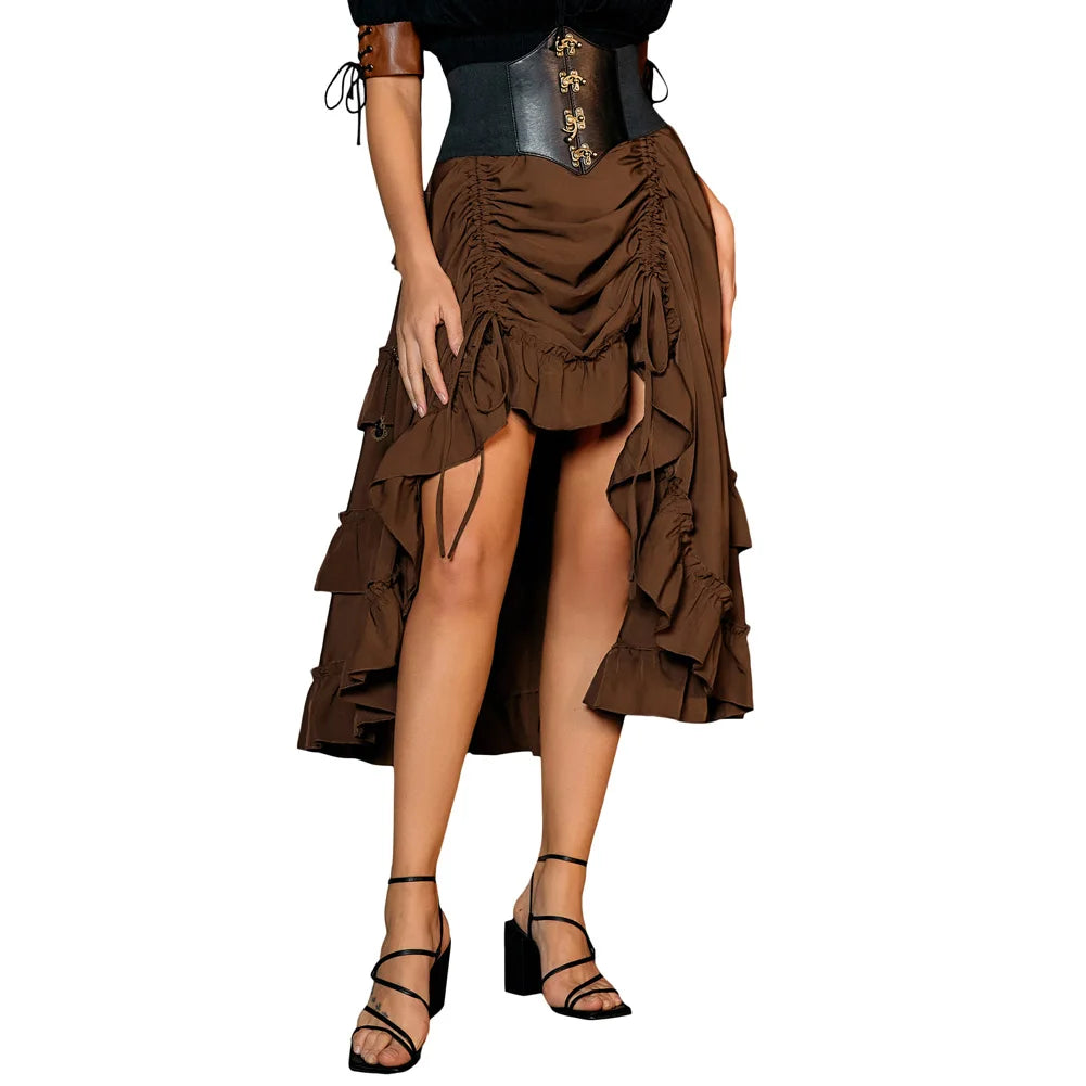 Women Skirts Vintage Renaissance Length Adjustable Skirt Elastic-Waist Ruffled Maxi Skirt Steampunk Gothic Halloween Costume