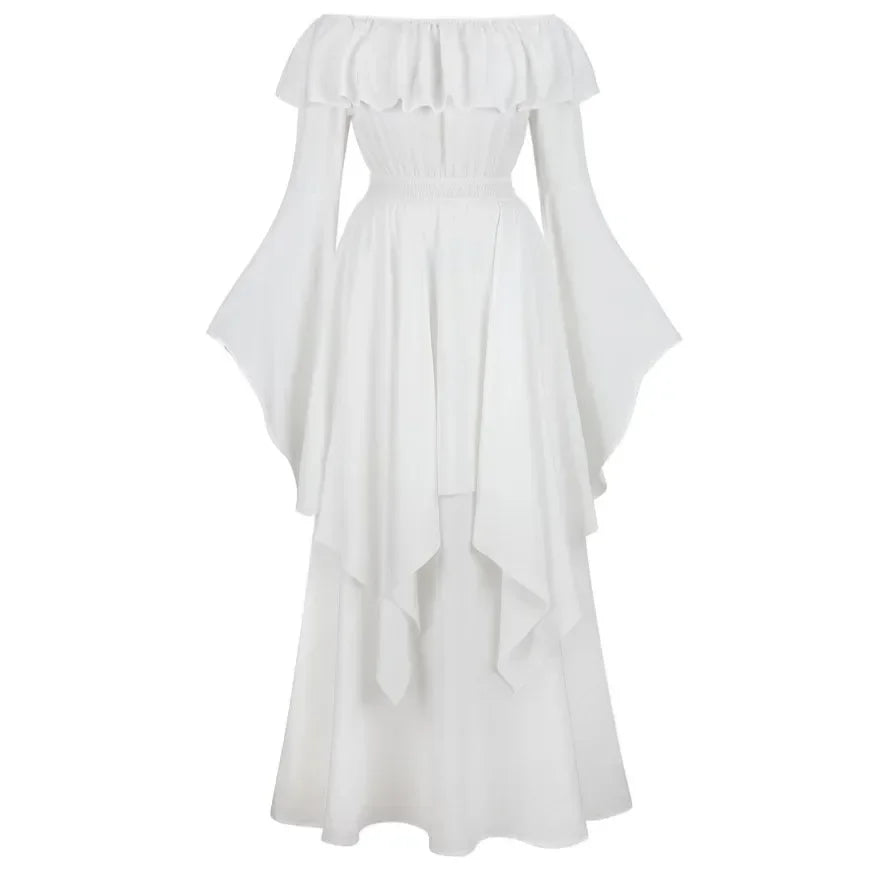 Vintage Bell Sleeve Medieval Off Shoulder Elastic High Waist Smocked Renaissance Dress For Women Halloween Cosplay Costume