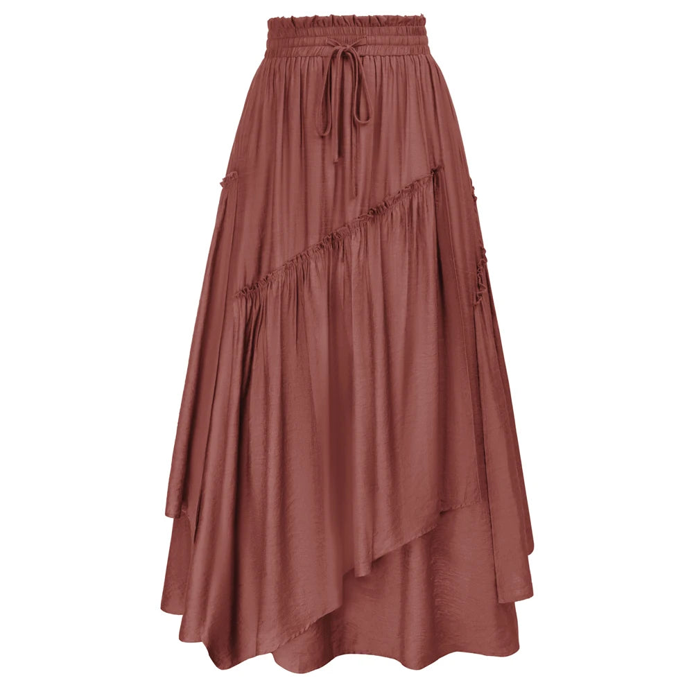 SD Women Renaissance Overlay Decorated Skirt Drawstring Waist Swing Skirt With Open Side Seam Pockets