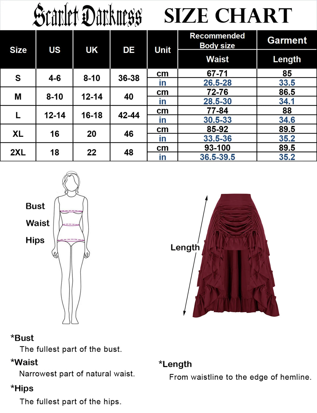 Women Skirts Vintage Renaissance Length Adjustable Skirt Elastic-Waist Ruffled Maxi Skirt Steampunk Gothic Halloween Costume