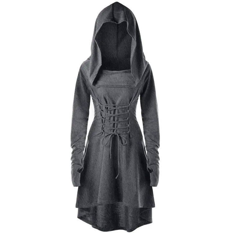 Medieval Women Archer Costume Long Sleeve Hooded Pixie Cosplay Dress Renaissance Femal Hunter Larp Robe Bandage Plus size s-4XL