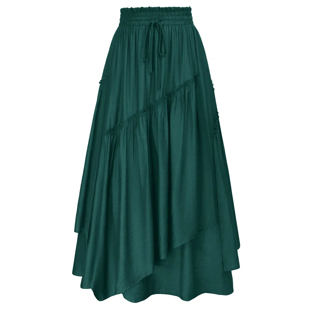 SD Women Renaissance Overlay Decorated Skirt Drawstring Waist Swing Skirt With Open Side Seam Pockets