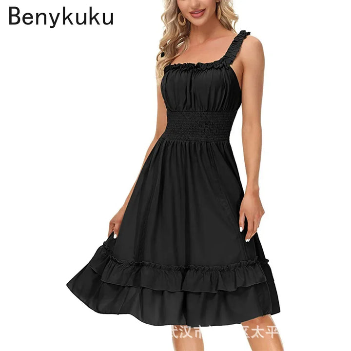 Medieval Renaissance Vintage Long Dress Smocked Waist Victorian Sleeveless Strap Halloween Steampunk Gothic Cothes Cosplay Dress