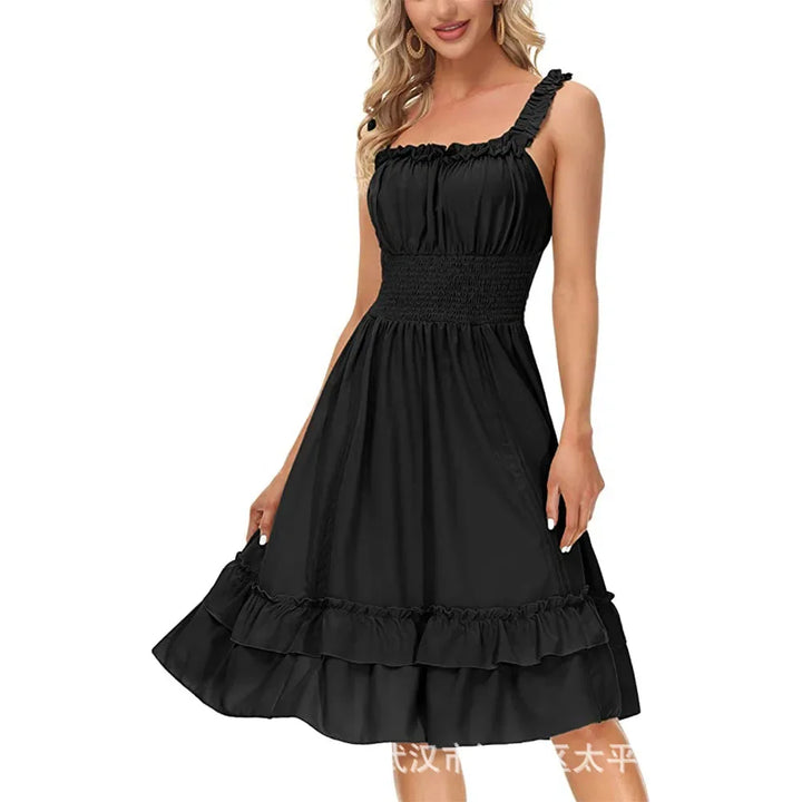 Medieval Renaissance Vintage Long Dress Smocked Waist Victorian Sleeveless Strap Halloween Steampunk Gothic Cothes Cosplay Dress