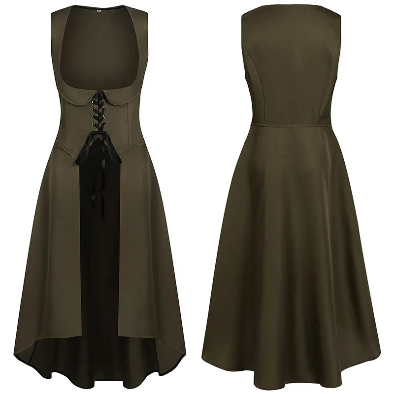 Medieval Women Renaissance Lace-Up Vest Dress Irregular Hem Dress Sleeveless Sweetheart U-Neck Gothic Pirate Cosplay Costume