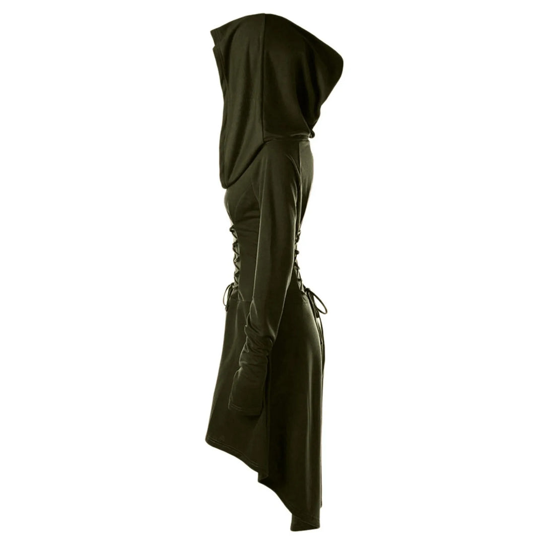 Medieval Women Archer Costume Long Sleeve Hooded Pixie Cosplay Dress Renaissance Femal Hunter Larp Robe Bandage Plus size s-4XL