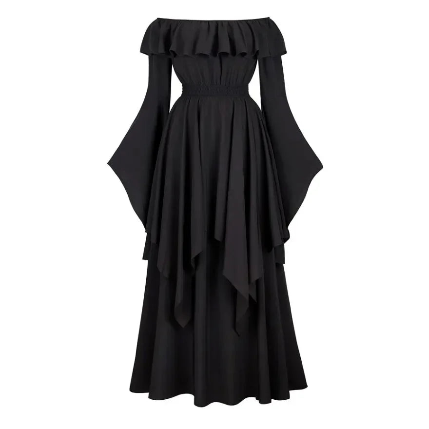Vintage Bell Sleeve Medieval Off Shoulder Elastic High Waist Smocked Renaissance Dress For Women Halloween Cosplay Costume