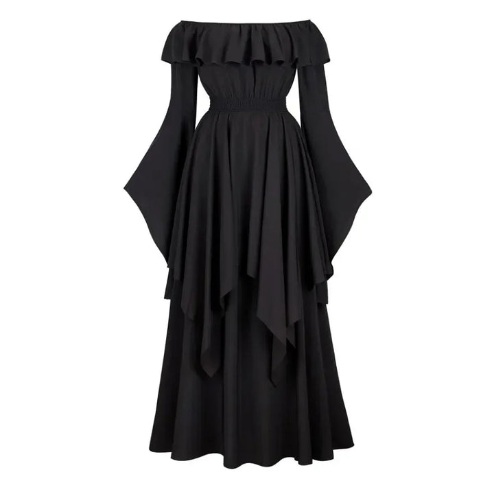 Vintage Bell Sleeve Medieval Off Shoulder Elastic High Waist Smocked Renaissance Dress For Women Halloween Cosplay Costume