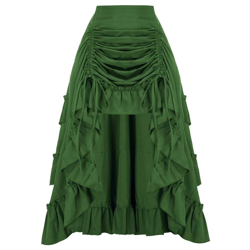 Women Skirts Vintage Renaissance Length Adjustable Skirt Elastic-Waist Ruffled Maxi Skirt Steampunk Gothic Halloween Costume