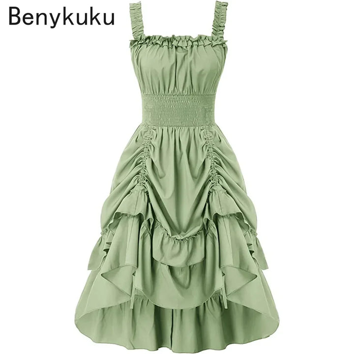 Medieval Renaissance Vintage Long Dress Smocked Waist Victorian Sleeveless Strap Halloween Steampunk Gothic Cothes Cosplay Dress
