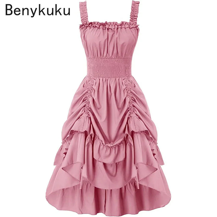 Medieval Renaissance Vintage Long Dress Smocked Waist Victorian Sleeveless Strap Halloween Steampunk Gothic Cothes Cosplay Dress