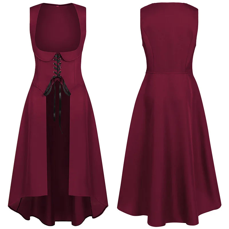 Medieval Women Renaissance Lace-Up Vest Dress Irregular Hem Dress Sleeveless Sweetheart U-Neck Gothic Pirate Cosplay Costume