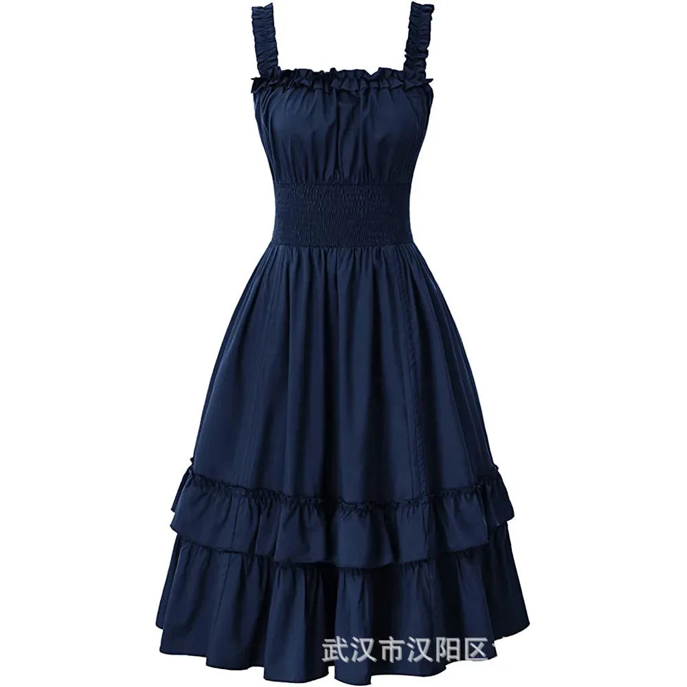 Medieval Renaissance Vintage Long Dress Smocked Waist Victorian Sleeveless Strap Halloween Steampunk Gothic Cothes Cosplay Dress