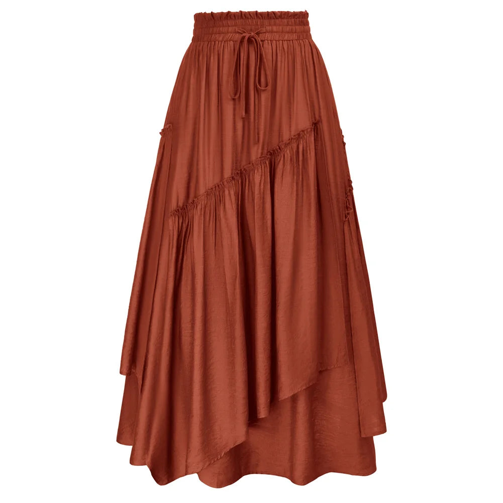 SD Women Renaissance Overlay Decorated Skirt Drawstring Waist Swing Skirt With Open Side Seam Pockets
