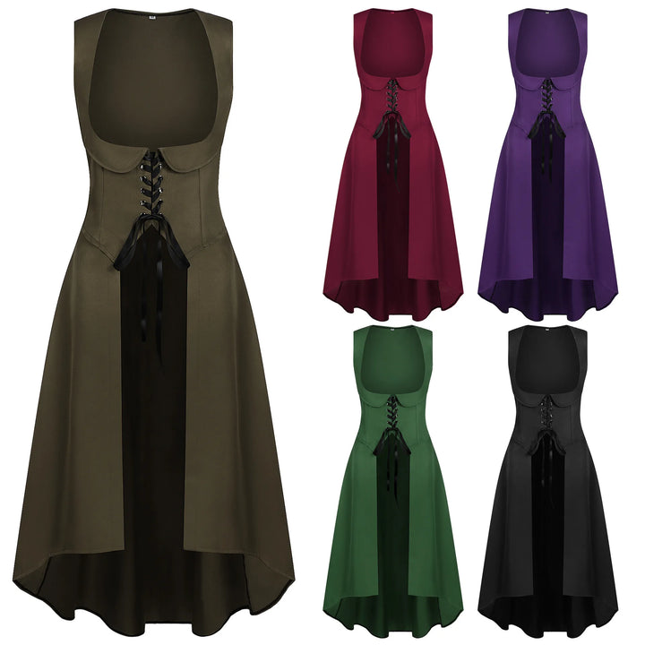 Medieval Women Renaissance Lace-Up Vest Dress Irregular Hem Dress Sleeveless Sweetheart U-Neck Gothic Pirate Cosplay Costume