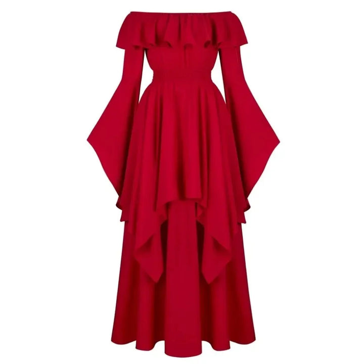 Vintage Bell Sleeve Medieval Off Shoulder Elastic High Waist Smocked Renaissance Dress For Women Halloween Cosplay Costume