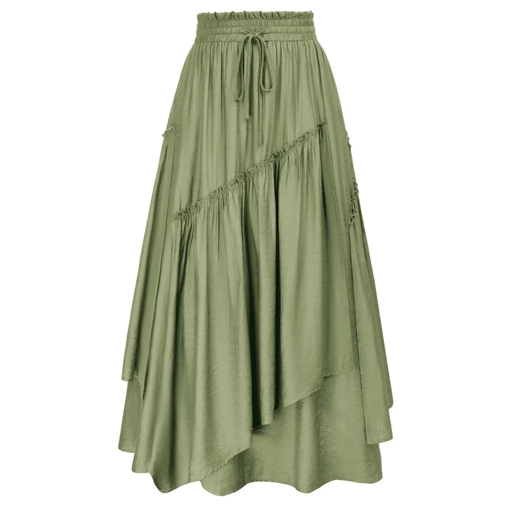 SD Women Renaissance Overlay Decorated Skirt Drawstring Waist Swing Skirt With Open Side Seam Pockets