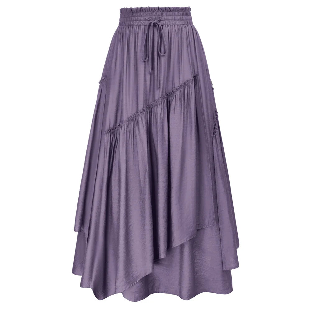 SD Women Renaissance Overlay Decorated Skirt Drawstring Waist Swing Skirt With Open Side Seam Pockets