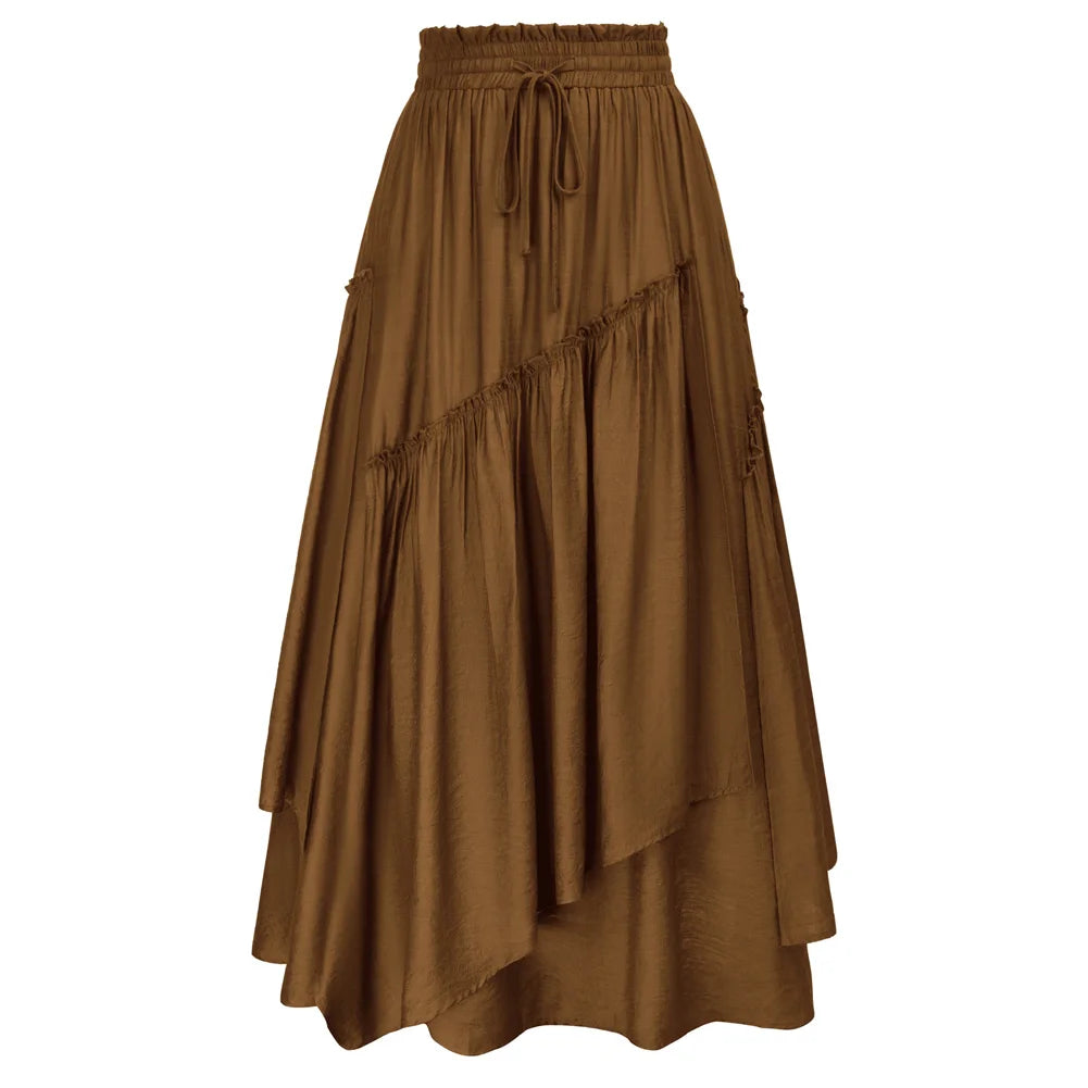 SD Women Renaissance Overlay Decorated Skirt Drawstring Waist Swing Skirt With Open Side Seam Pockets