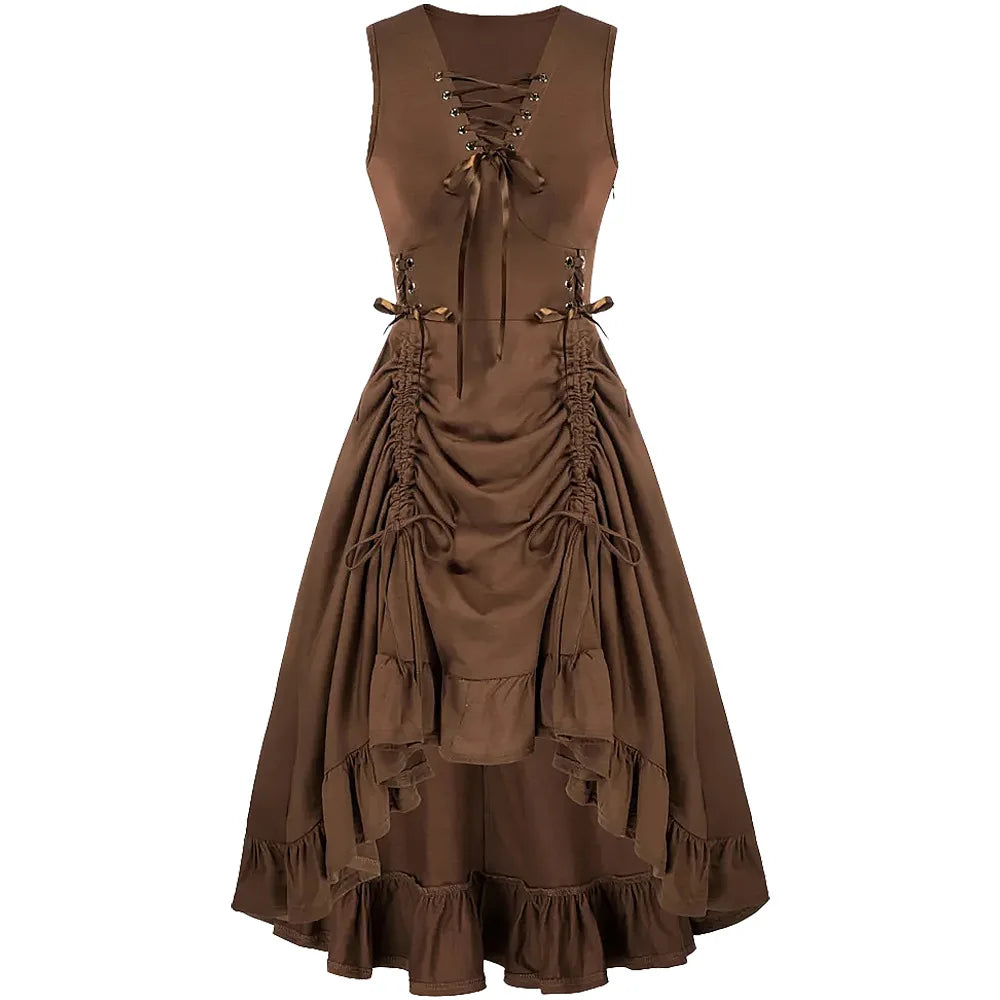 Womens Renaissance Steampunk Dress Lace Up High Low Dress Pirate Costume for Halloween Party